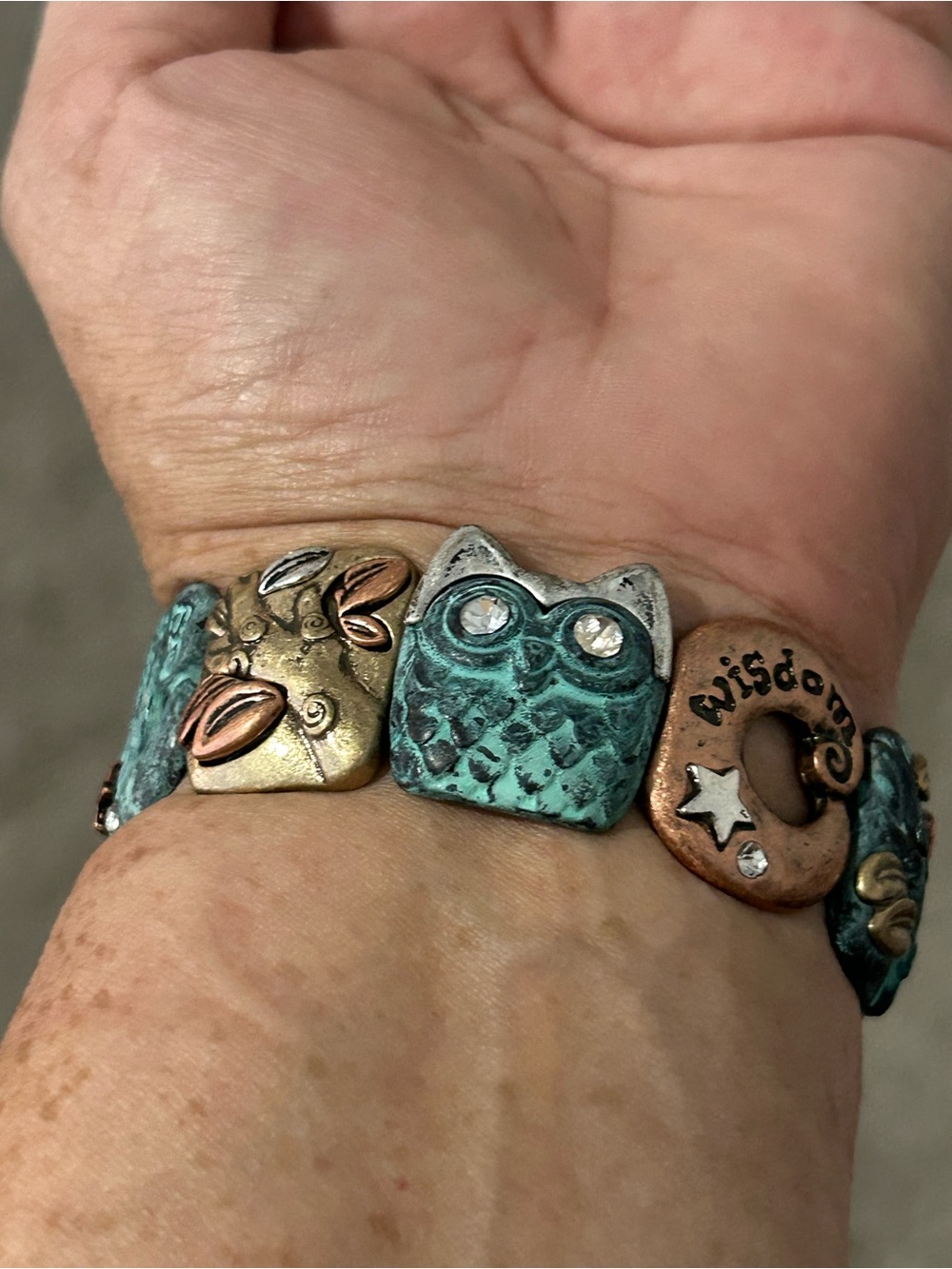 Boho Owl & Wisdom Charm Bracelet - Turquoise Patina
